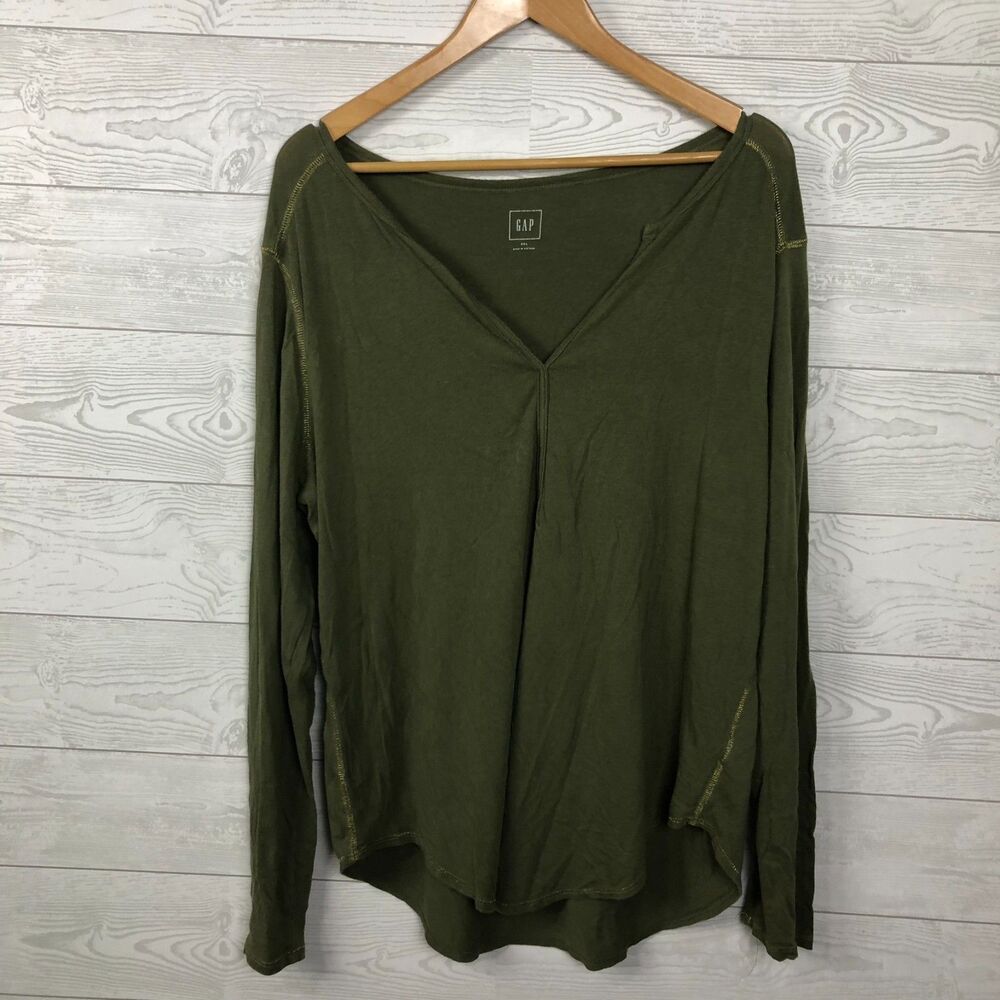 Gap Women's XXL Long Sleeve V Neck Tee Shirt Olive Green Cotton Blend Casual